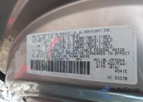 2002 Toyota Sienna Ce z USA, uszkodzony, nr VIN 4T3ZF19C92U503176